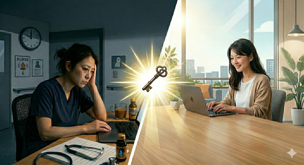 夜勤に疲れた看護師が、医療資格という「鍵」を使って、自由な働き方ができる在宅Webライターへと転身するビフォーアフターのイメージ