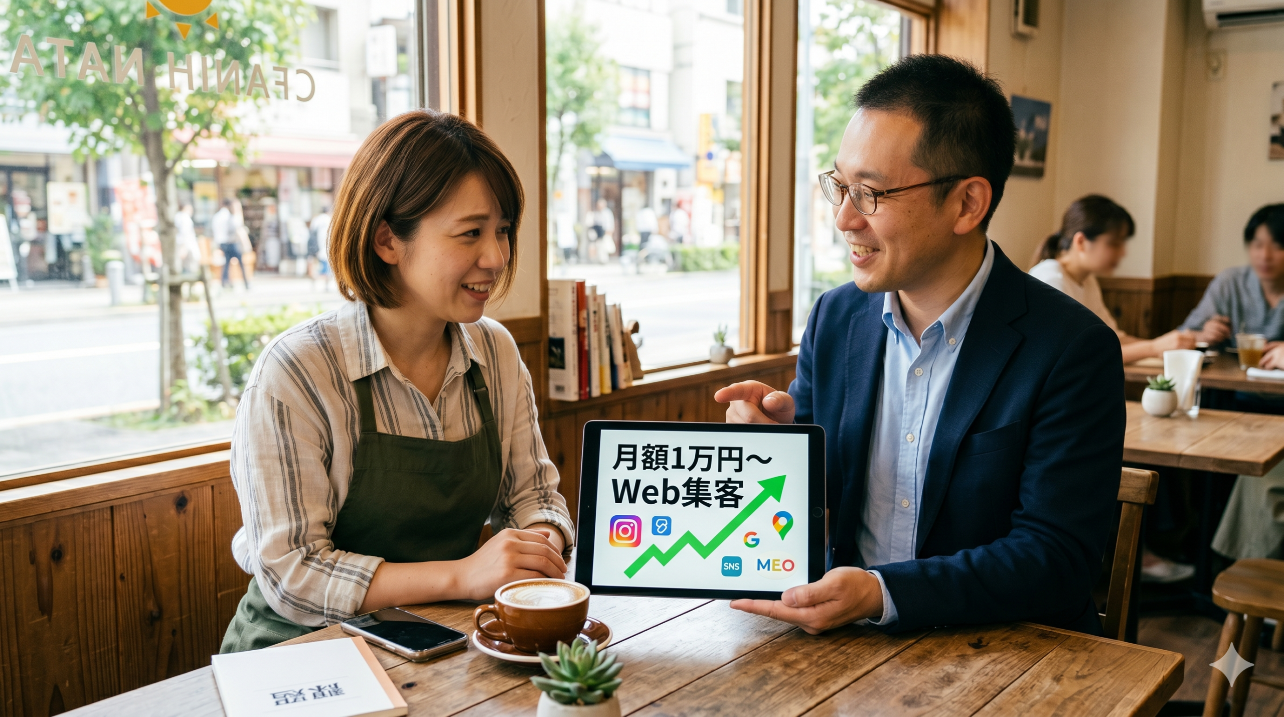 カフェオーナーの女性に月額1万円のWeb集客について笑顔で説明する男性コンサルタント