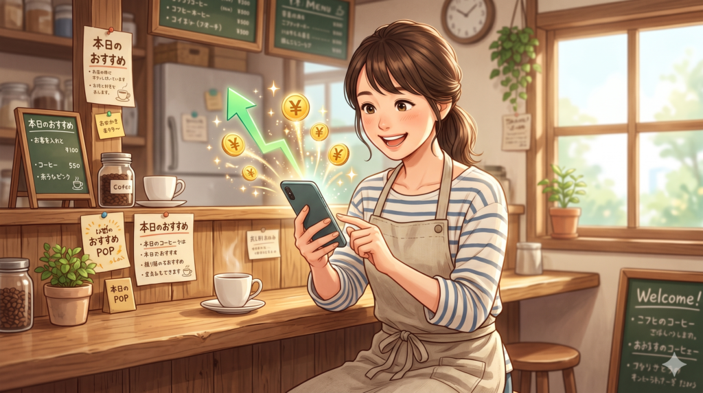 スマホを見て笑顔の個人店オーナーと来店数アップのイメージ。月額1万円で相談できるインスタ集客コンサルのベネフィット。