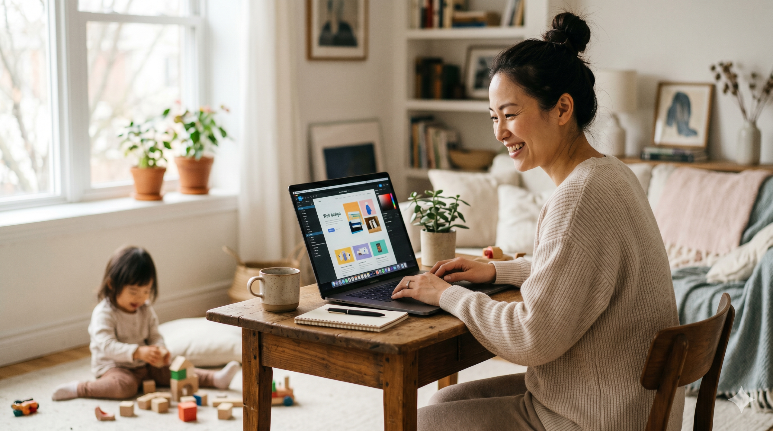 在宅ワークでWebデザインをする笑顔のママとそばで遊ぶ子供