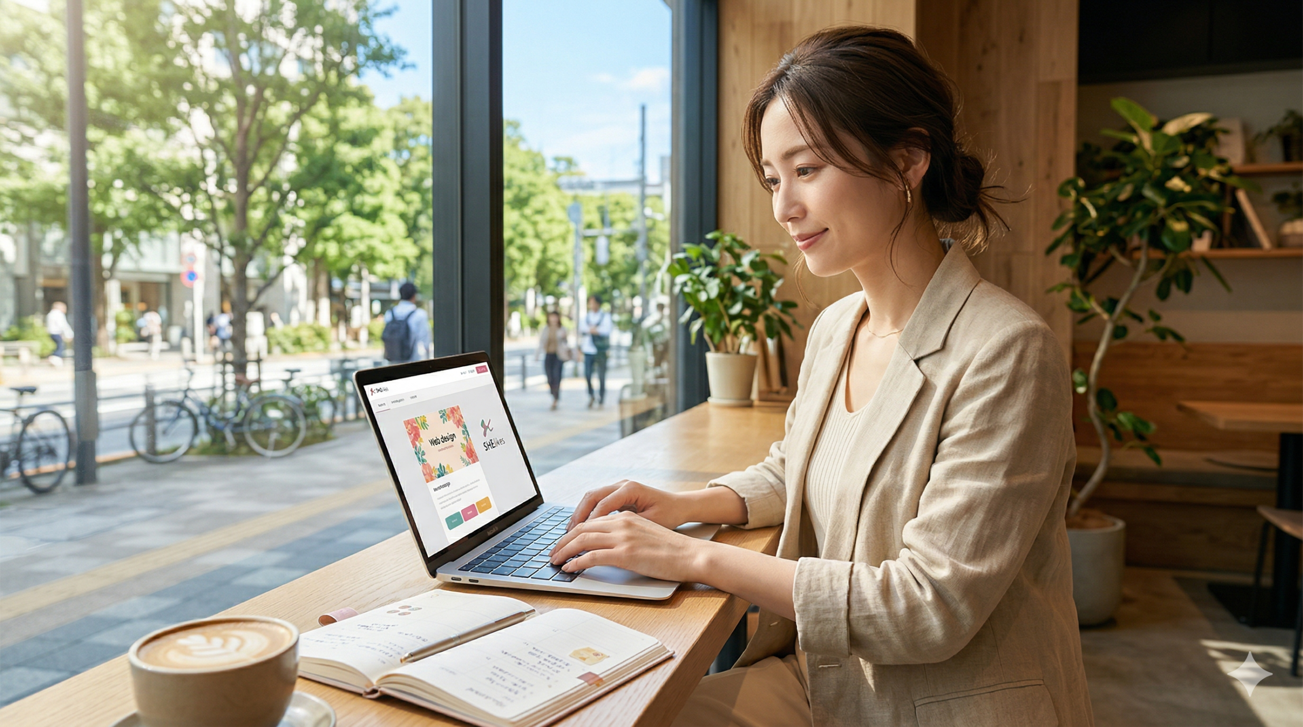 30代女性がカフェでSHElikesを使ってWebデザインを学習している様子