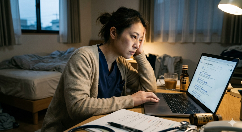 夜勤明けに在宅ワークのWebライターを検討する看護師のイメージ