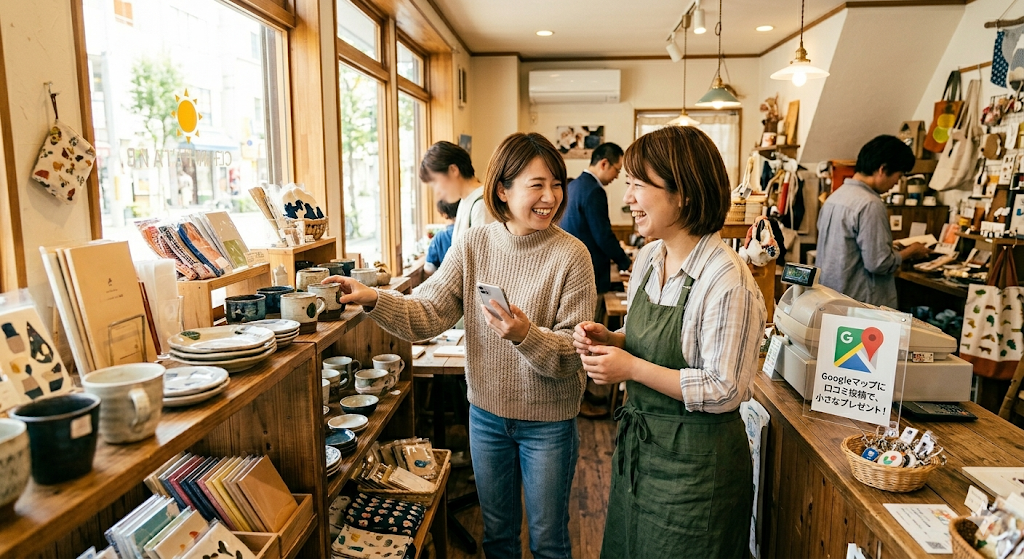 スマートフォンを見て来店したお客様で賑わう雑貨店と、笑顔の女性店主