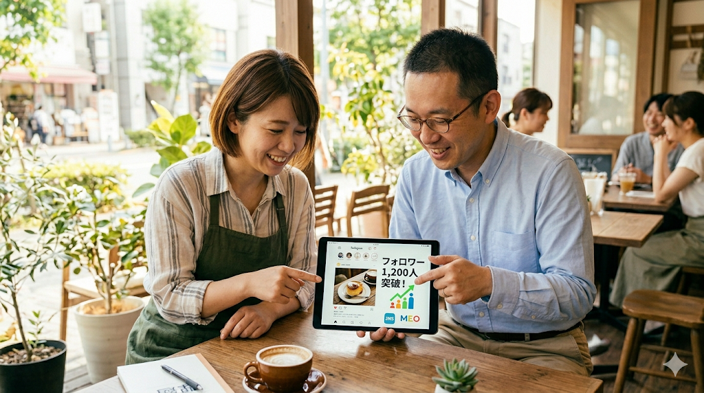 タブレットを見ながら二人三脚でWeb集客の相談をするJAQ担当者と店舗オーナー