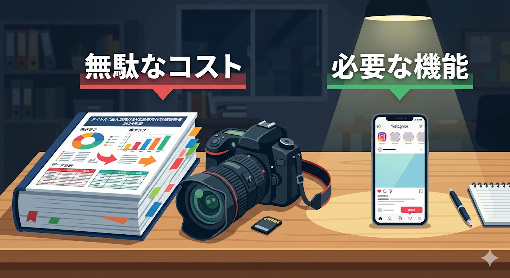 高い理由： 複雑な報告書と大きなカメラ、シンプルなスマホの対比。個人店インスタ集客コンサルが無駄に高額になる理由。
