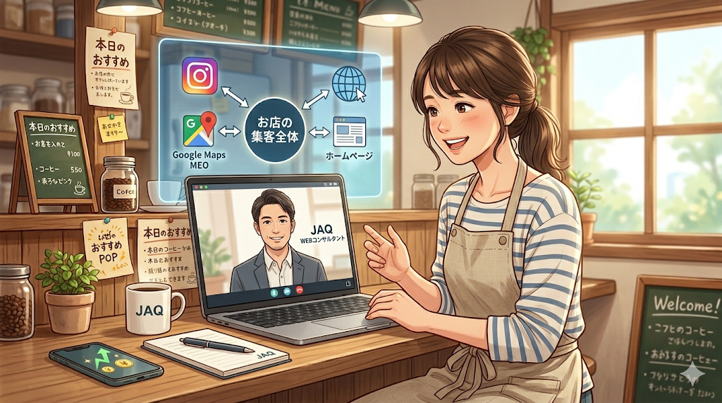 JAQのサポート： オンラインでWEBコンサルタントに相談する個人店オーナー。月額1万円でインスタ・MEO・HP対策を総合的に相談できるJAQのサービスイメージ。