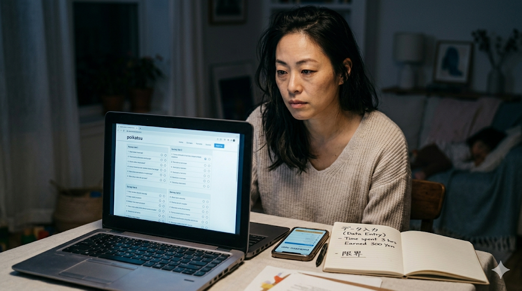 夜のデスクで在宅ワークの低単価に悩む疲れたママ