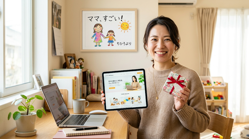 Webデザインのスキルを身につけ自信と成果を手にした笑顔のママ