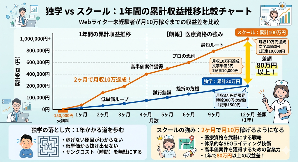 Webライター未経験者が独学とスクールで月10万稼ぐまでの収益差比較