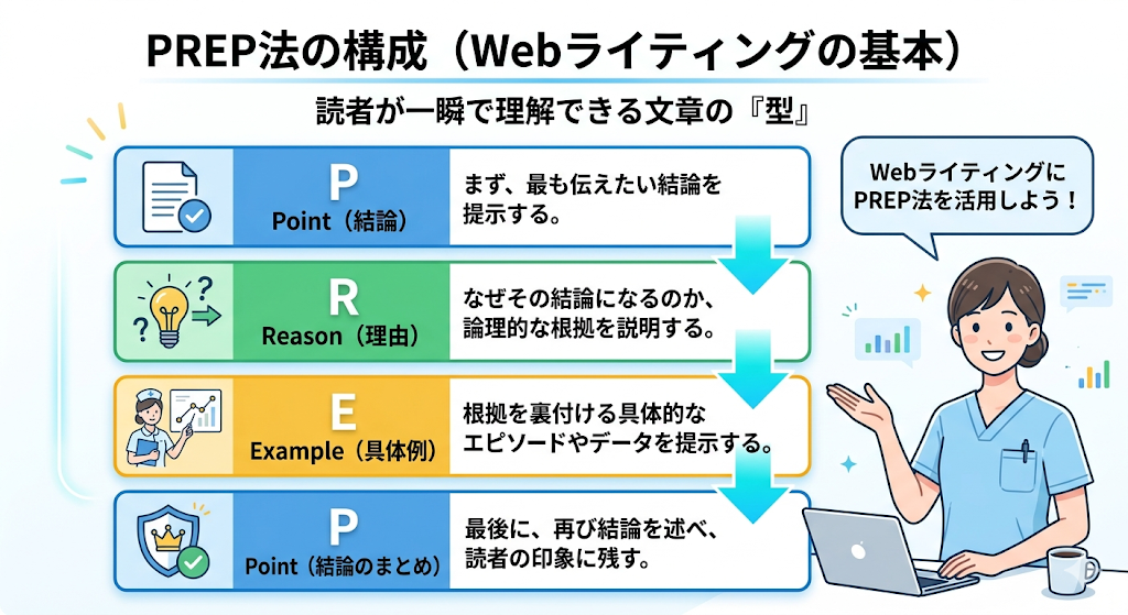 Webライティングの基本構成であるPREP法の流れ