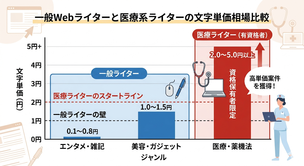 一般Webライターと医療系ライターの文字単価相場の比較図解