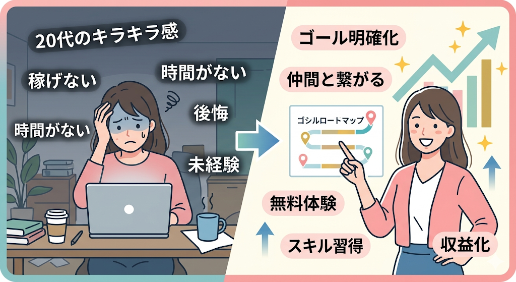 30代女性がSHElikes受講の不安を解消し、前向きに行動を起こすまでの変化を表したイラスト