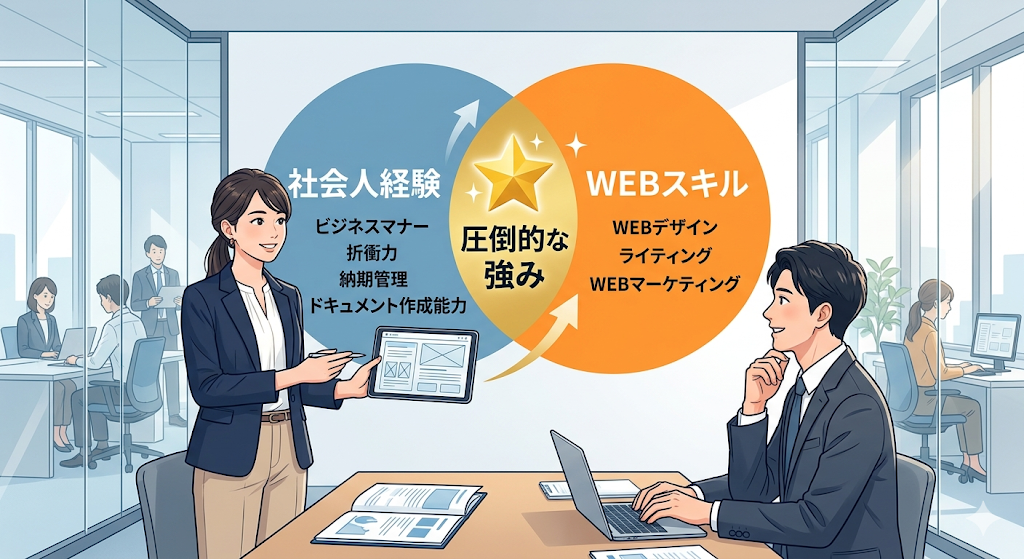 30代の社会人経験とSHElikesで得たWebスキルを掛け合わせて活躍する女性のイラスト