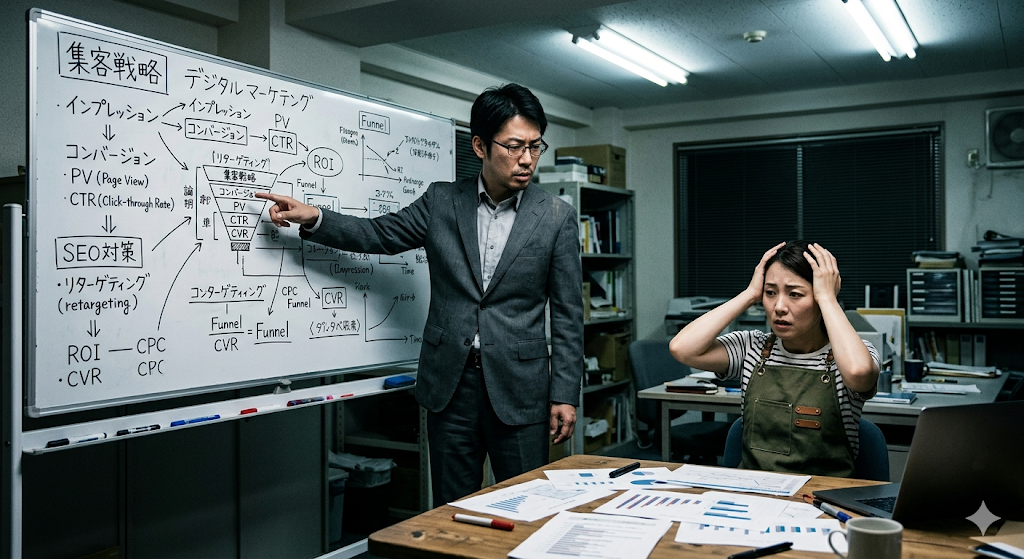 専門用語を並べるコンサルタントと、困惑する個人事業主の女性店主