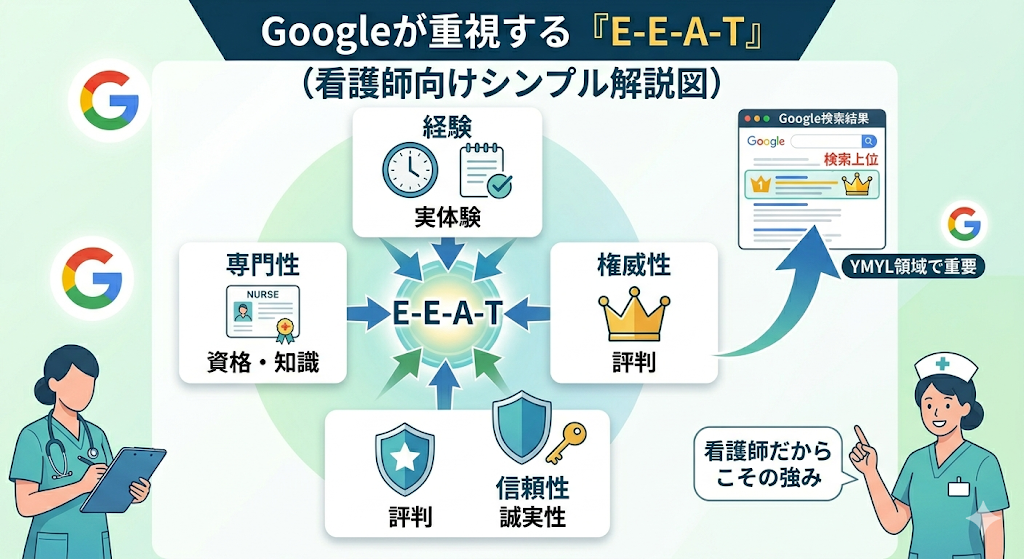 Google検索が重視するE-E-A-T（専門性・経験・権威性・信頼性）の解説図